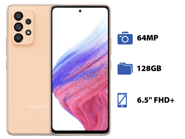 Smartphone Samsung Galaxy A53: 
Procesador Exynos 1280 (hasta 2.4 GHz), 
Memoria RAM de 6GB, Almacenamiento de 128GB,
Pantalla LED Multi touch de 6.5 FHD+, 
Bluetooth, Wi-Fi,
Cámara Principal de 64MP, 
Android 12. Color Naranja.