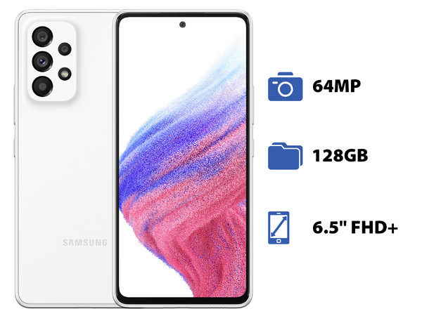 Smartphone Samsung Galaxy A53:
Procesador Octa Core (hasta 2.40 GHz),
Memoria RAM de 6GB, Almacenamiento de 128GB,
Pantalla Super AMOLED de 6.5