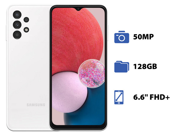 Smartphone Samsung Galaxy A13:
Procesador Octa Core (hasta 2.0 GHz),
Memoria RAM de 4GB, Almacenamiento de 128GB,
Pantalla LED Multi Touch de 6.6