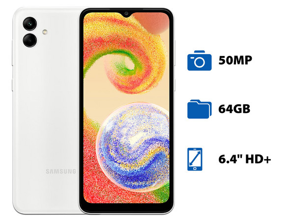 Smartphone Samsung Galaxy A04: 
Procesador Octa-Core (hasta 2.3 GHz), 
Memoria RAM de 4GB, Almacenamiento de 64GB, 
Pantalla LED Multi Touch de 6.4