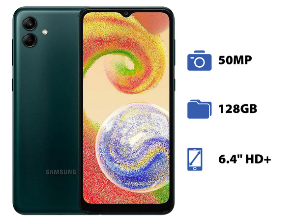 Smartphone Samsung Galaxy A04: 
Procesador Octa-Core (hasta 2.3 GHz), 
Memoria RAM de 4GB, Almacenamiento de 128GB, 
Pantalla LED Multi Touch de 6.4