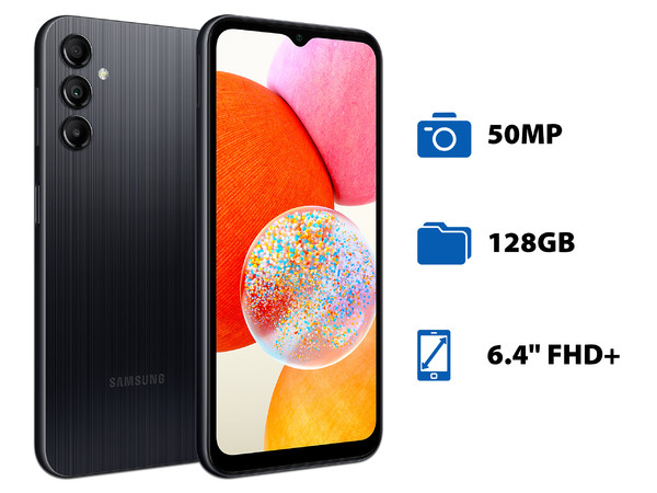 Smartphone Samsung Galaxy A14 4G: 
Procesador MediaTek Helio G80 (hasta 2.0 GHz),
Memoria RAM de 4GB, Almacenamiento de 128GB, 
Pantalla LED Multi Touch de 6.4