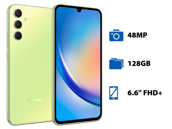 Smartphone Samsung Galaxy A34: 
Procesador Octa-Core (hasta 2.6 GHz), 
Memoria RAM de 6GB,
Almacenamiento de 128GB, 
Pantalla Super AMOLED de 6.6