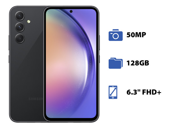 Smartphone Samsung Galaxy A54 5G:
Procesador Octa Core (hasta 2.0 GHz),
Memoria RAM de 8GB, Almacenamiento de 128GB,
Pantalla Super AMOLED de 6.3