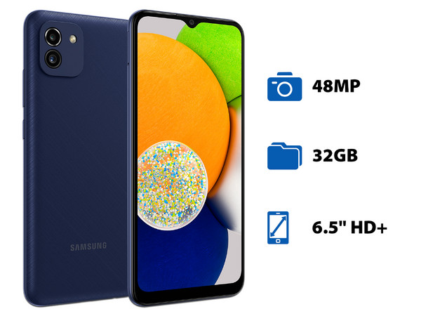Smartphone Samsung Galaxy A03:
Procesador Octa Core (hasta 1.6 GHz),
Memoria RAM de 3GB, Almacenamiento de 32GB,
Pantalla LED Multi Touch de 6.5
