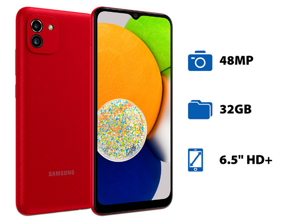 Smartphone Samsung Galaxy A03:
Procesador Octa Core (hasta 1.6 GHz),
Memoria RAM de 3GB, Almacenamiento de 32GB,
Pantalla LED Multi Touch de 6.5