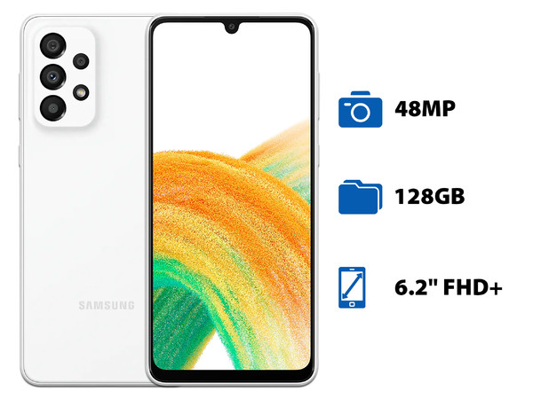 Smartphone Samsung Galaxy A33 5G:
Procesador Octa-Core (hasta 2.4 GHz),
Memoria RAM de 6GB,
Almacenamiento de 128GB,
Pantalla LED Multi Touch de 6.2