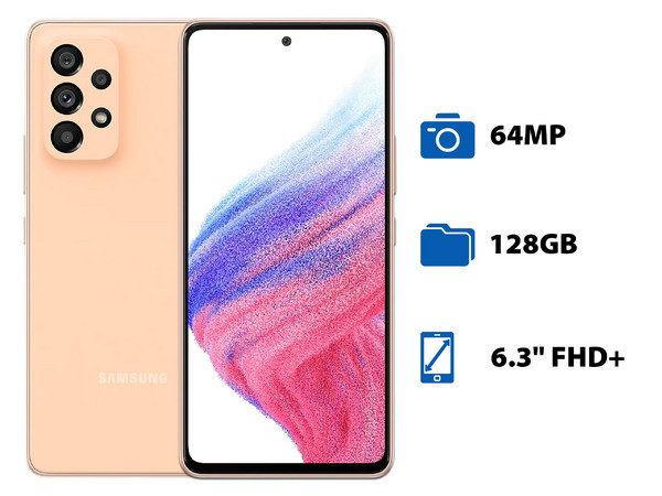 Smartphone Samsung Galaxy A53 5G:
Procesador Octa Core,
Memoria RAM de 8GB, Almacenamiento de 128GB,
Pantalla Super AMOLED de 6.3