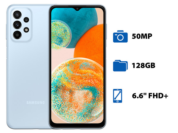 Smartphone Samsung Galaxy A23 5G: 
Procesador Octacore (hasta 2.2 GHz), 
Memoria RAM de 4GB, Almacenamiento de 128GB, 
Pantalla LCD de 6.6