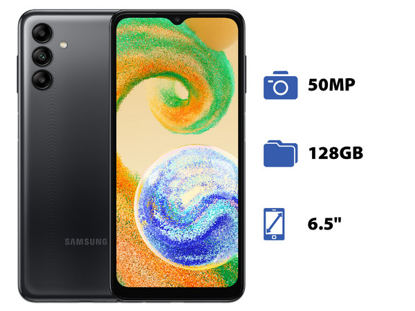 Smartphone Samsung Galaxy A04s:
Procesador Octa-core (hasta 2.0 GHz),
Memoria RAM de 4GB, Almacenamiento de 128GB,
Pantalla LED Multi Touch de 6.5