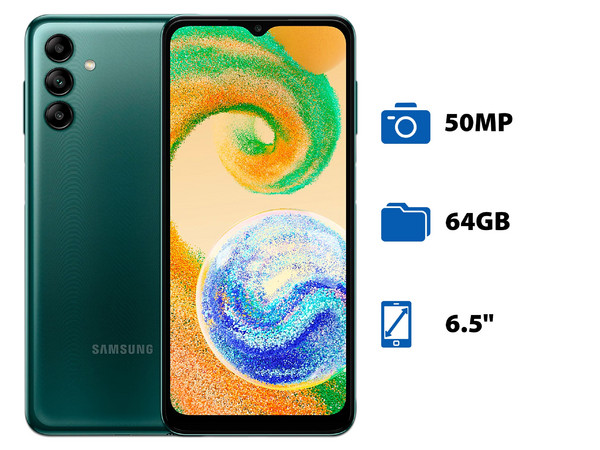 Smartphone Samsung Galaxy A04s:
Procesador Octa-core (hasta 2.0 GHz),
Memoria RAM de 4GB, Almacenamiento de 64GB,
Pantalla LCD Multi Touch de 6.5