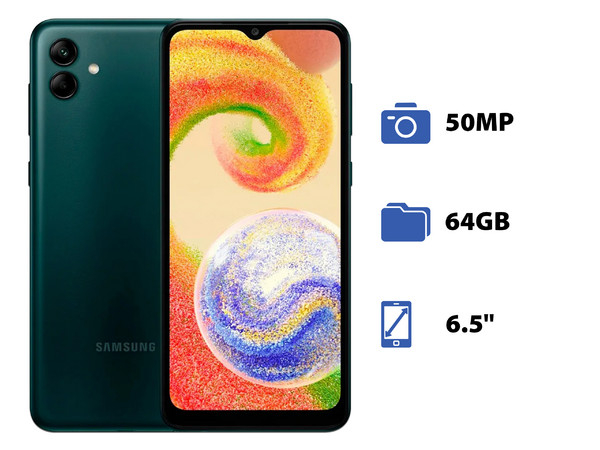 Smartphone Samsung Galaxy A04:
Procesador Octa Core (hasta 2.3 GHz),
Memoria RAM de 4GB, Almacenamiento de 64GB,
Pantalla LED Multi Touch de 6.5