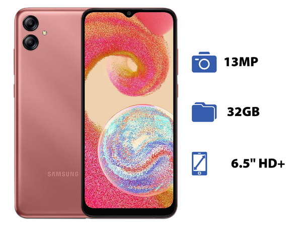 Smartphone Samsung Galaxy A04e:
Procesador Octa core  (hasta 2.3 GHz),
Memoria RAM de 3GB, Almacenamiento de 32GB,
Pantalla LED Multi Touch de 6.5