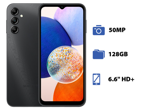 Smartphone Samsung Galaxy A14 5G: 
Procesador Octa-Core (hasta 2.4 GHz), 
Memoria RAM de 4GB, Almacenamiento de 128GB, 
Pantalla LED Multi Touch de 6.6