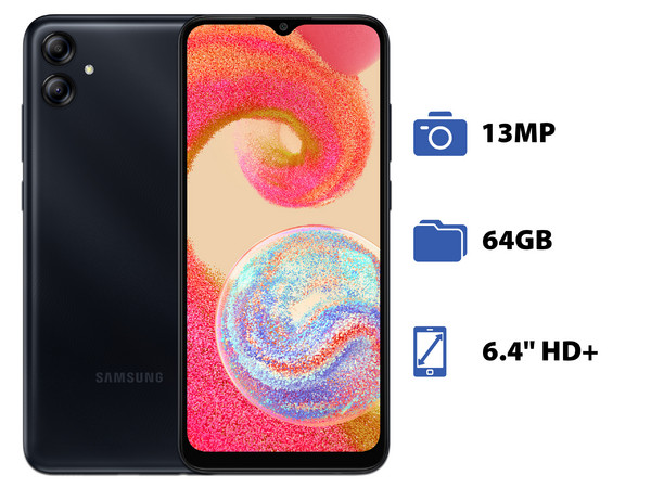 Smartphone Samsung Galaxy A04e: 
Procesador Octa-Core (hasta 2.3 GHz), 
Memoria RAM de 3GB, Almacenamiento de 64GB, 
Pantalla LED Multi Touch de 6.5