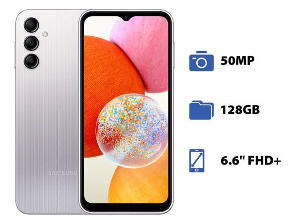 Smartphone Samsung Galaxy A14: 
Procesador MediaTek Helio G80 (hasta 2.0 GHz), 
Memoria RAM de 4GB, 
Almacenamiento de 128GB, 
Pantalla LED Multi Touch de 6.6