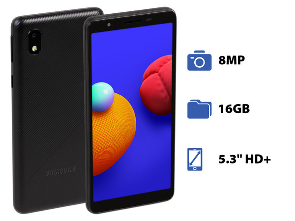 Smartphone Samsung Galaxy A01 Core: 
Procesador Quad core (hasta 1.50 GHz), 
Memoria RAM de 1GB, Almacenamiento de 16GB, 
Pantalla LED Multi Touch de 5.3