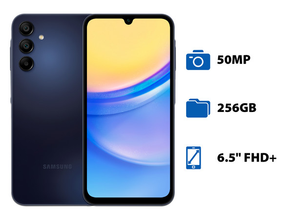 Smartphone Samsung Galaxy A15 5G: 
Procesador Octa Core (hasta 2.2 GHz), 
Memoria RAM de 8GB, Almacenamiento de 256GB, 
Pantalla AMOLED Multi-Touch de 6.5