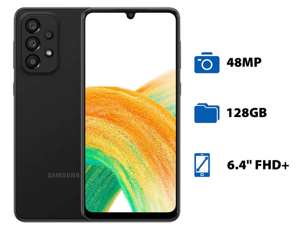 Smartphone Samsung Galaxy A33 5G:
Procesador Octa Core (hasta 2.4 GHz),
Memoria RAM de 6GB, Almacenamiento de 128GB,
Pantalla Super AMOLED de 6.4