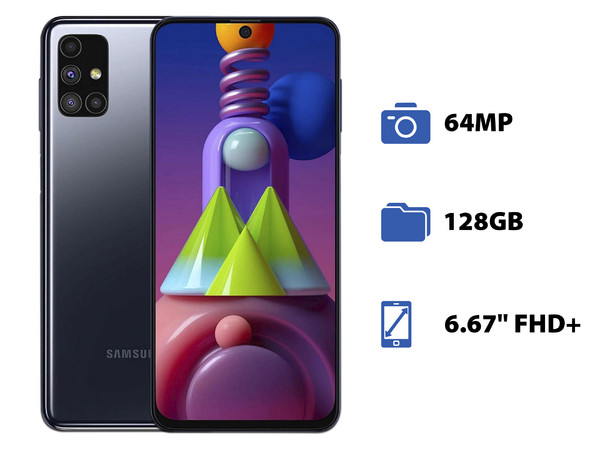 Smartphone Samsung Galaxy M51: 
Procesador Octa Core (2.2 GHz), 
Memoria RAM de 8GB, Almacenamiento de 128GB,
Pantalla LED Multi Touch de 6.67