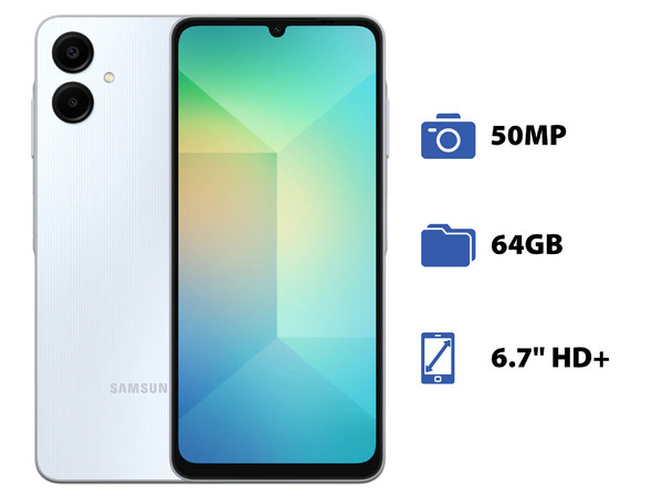 Smartphone Samsung Galaxy A06: Procesador Octa Core (2.0 GHz), Memoria RAM de 4GB, Almacenamiento de 64GB, Pantalla LED Multi Touch de 6.7