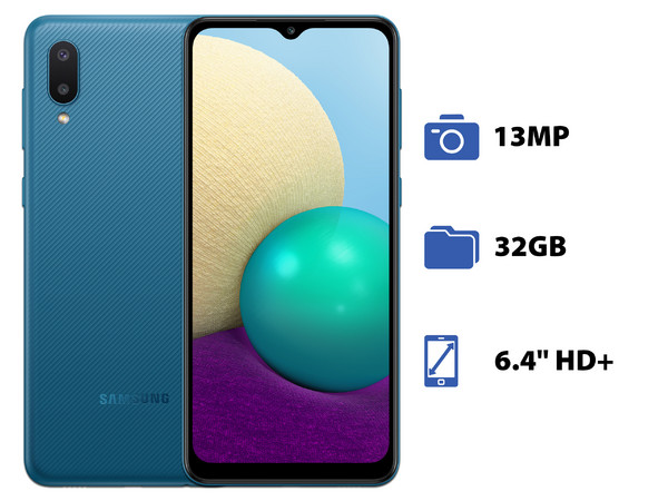 Smartphone Samsung Galaxy A02:
Procesador MediaTek MT6739W (hasta 1.50 GHz),
Memoria RAM de 3GB, Almacenamiento de 32GB,
Pantalla LED Multi Touch de 6.5