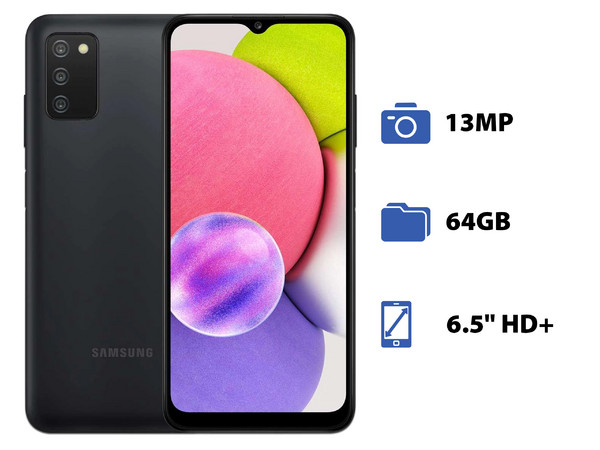 Smartphone Samsung Galaxy A03S: 
Procesador MediaTek Helio P35 Octa Core (hasta 2.35 GHz),
Memoria RAM de 4GB, Almacenamiento de 64GB,
Pantalla LCD PLS de 6.5