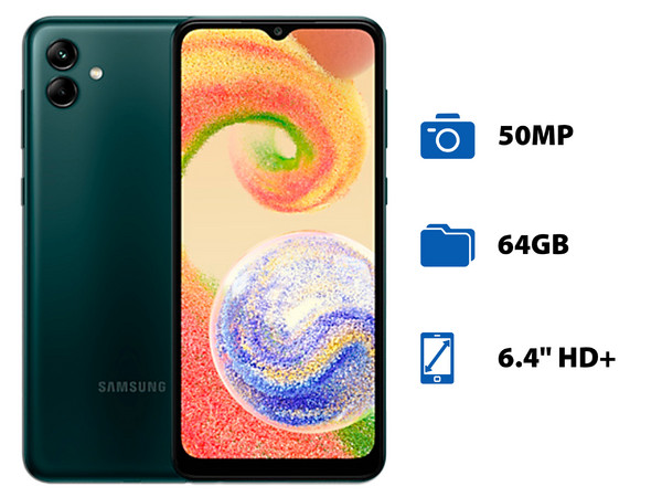 Smartphone Samsung Galaxy A04: 
Procesador Octa Core (hasta 2.3 GHz), 
Memoria RAM de 4GB, 
Almacenamiento de 64GB, 
Pantalla LED Multi-Touch de 6.5