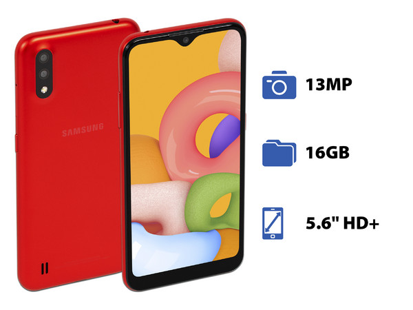 Smartphone Samsung Galaxy A01:
Procesador Octa core (hasta 2.0GHz),
Memoria RAM de 2GB, Almacenamiento de 16GB,
Pantalla LED Multi Touch de 5.6