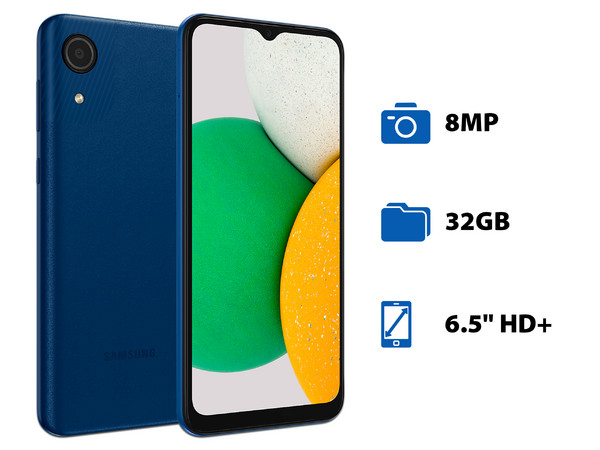 Smartphone Samsung Galaxy A03:
Procesador Unisoc SC9863A Octa Core (hasta 1.60 Ghz),
Memoria RAM de 2GB, 
Almacenamiento de 32GB,
Pantalla LED Multi Touch de 6.5