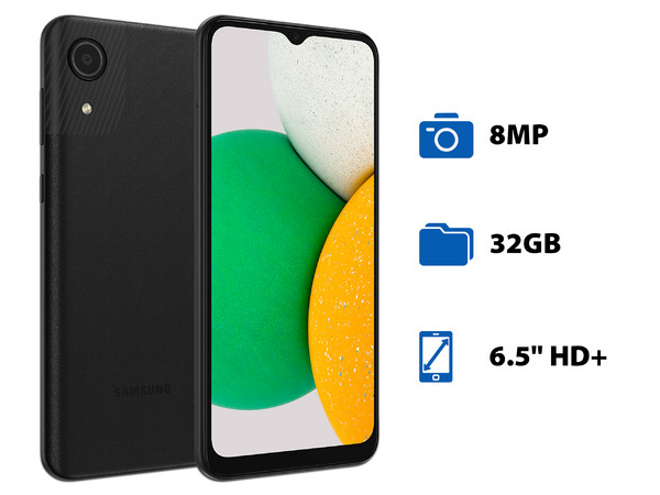 Smartphone Samsung Galaxy A03:
Procesador Unisoc SC9863A Octa Core (hasta 1.60 Ghz),
Memoria RAM de 2GB, 
Almacenamiento de 32GB,
Pantalla LED Multi Touch de 6.5