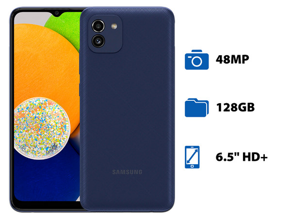 Smartphone Samsung Galaxy A03:
Procesador Octa Core (hasta 1.6 GHz),
Memoria RAM de 4GB, Almacenamiento de 128GB,
Pantalla LED Multi Touch de 6.5