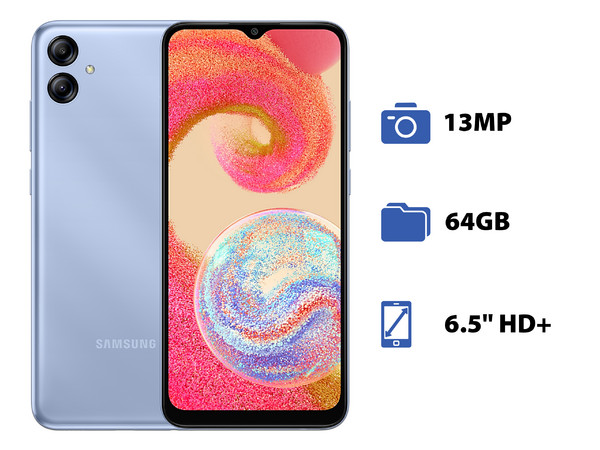 Smartphone Samsung Galaxy A04e: 
Procesador Octa Core (hasta 2.3 GHz), 
Memoria RAM de 3GB, Almacenamiento de 64GB, 
Pantalla LED Multi Touch de 6.5