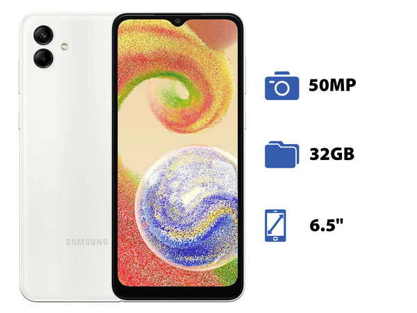 Smartphone Samsung Galaxy A04:
Procesador MediaTek Helio G35,
Memoria RAM de 3GB,
Almacenamiento de 32GB,
Pantalla LED Multi-Touch de 6.5