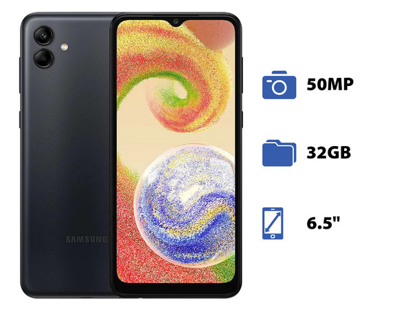 Smartphone Samsung Galaxy A04:
Procesador MediaTek Helio G35,
Memoria RAM de 3GB,
Almacenamiento de 32GB,
Pantalla LED Multi-Touch de 6.5