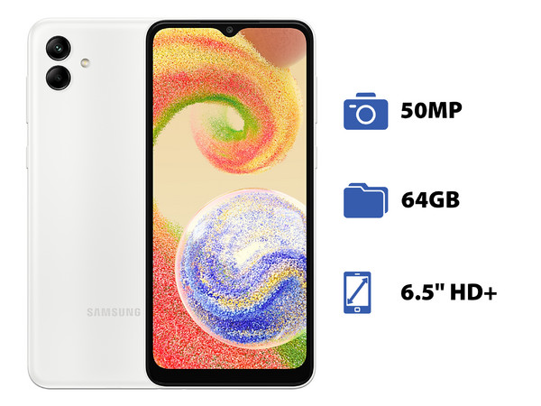 Smartphone Samsung Galaxy A04:
Procesador Octa Core  (hasta 2.3 GHz),
Memoria RAM de 4GB, Almacenamiento de 64GB,
Pantalla LED Multi Touch de 6.5