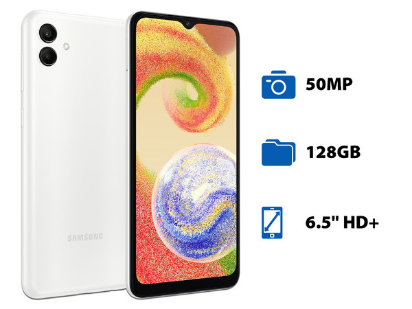 Smartphone Samsung Galaxy A04: 
Procesador Octa-Core (hasta 2.3GHz), 
Memoria RAM de 4GB, Almacenamiento de 128GB, 
Pantalla LED Multi-Touch de 6.5