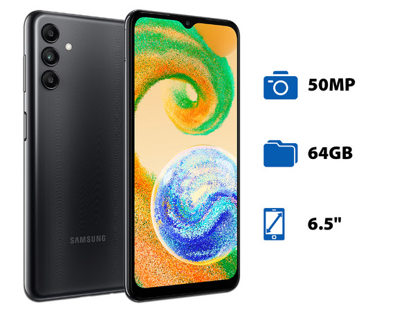 Smartphone Samsung Galaxy A04s:
Procesador Octa-core (hasta 2.0 GHz),
Memoria RAM de 4GB, Almacenamiento de 64GB,
Pantalla LCD Multi Touch de 6.5