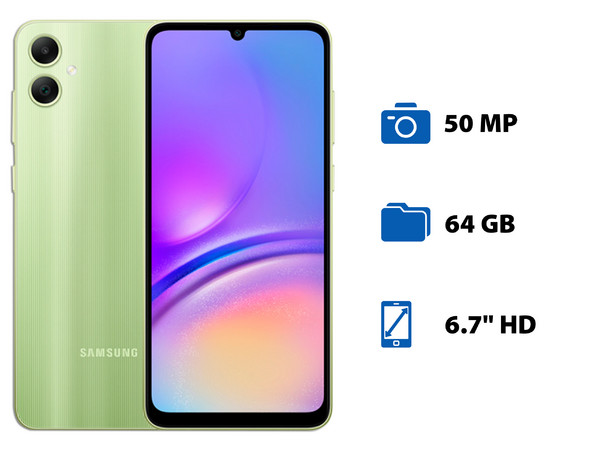 Smartphone Samsung Galaxy A05: 
Procesador Octa-Core (hasta 2.0 GHz), 
Memoria RAM de 4GB, 
Almacenamiento de 64GB, 
Pantalla LED Multi-Touch de 6.7