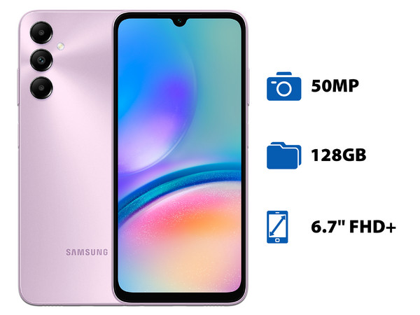 Smartphone Samsung Galaxy A05s: 
Procesador Octa Core (2.4 GHz), 
Memoria RAM de 4GB, Almacenamiento de 128GB, 
Pantalla LED Multi Touch de 6.7