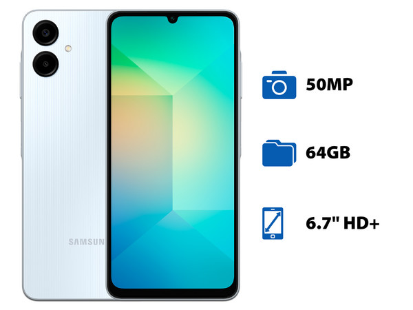 Smartphone Samsung Galaxy A06: 
Procesador Octa Core (2.0 GHz), 
Memoria RAM de 4GB, Almacenamiento de 64GB, 
Pantalla LED Multi Touch de 6.7