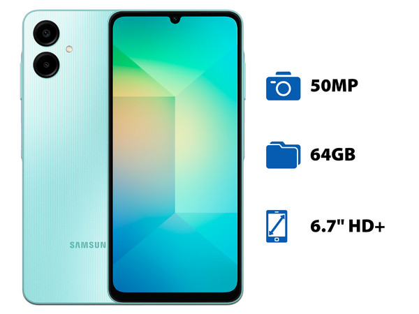 Smartphone Samsung Galaxy A06: 
Procesador Octa Core (2.0 GHz), 
Memoria RAM de 4GB, Almacenamiento de 64GB, 
Pantalla LED Multi Touch de 6.7