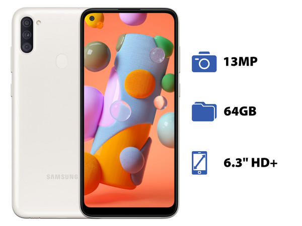 Smartphone Samsung Galaxy A11:
Procesador Octa Core (1.8 GHz),
Memoria RAM de 3GB, Almacenamiento de 64GB,
Pantalla LED Multi Touch de 6.3