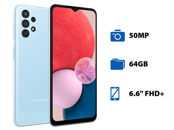 Smartphone Samsung Galaxy A13:
Procesador Octa Core (hasta 2.0 GHz),
Memoria RAM de 4GB, Almacenamiento de 64GB,
Pantalla LED Multi Touch de 6.6