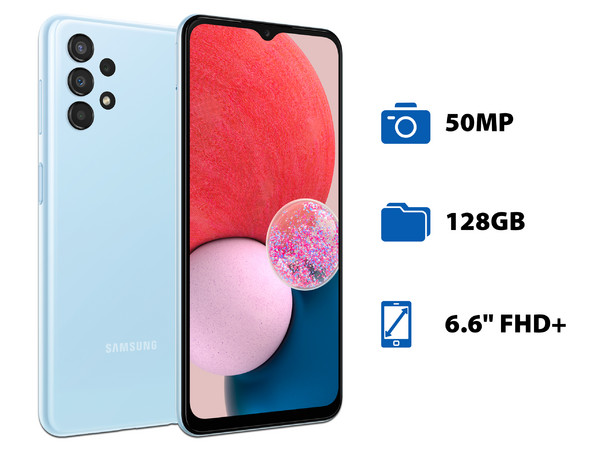 Smartphone Samsung Galaxy A13:
Procesador Octa-Core (hasta 2.0 GHz),
Memoria RAM de 4GB, Almacenamiento de 128GB,
Pantalla LED Multi Touch de 6.6