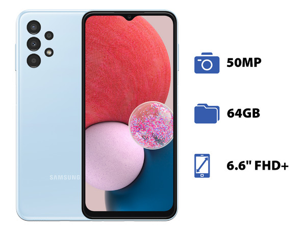 Smartphone Samsung Galaxy A13:
Procesador Octa Core (hasta 2.0 GHz),
Memoria RAM de 4GB, Almacenamiento de 64GB,
Pantalla LED Multi Touch de 6.6