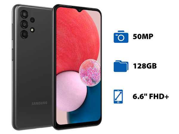 Smartphone Samsung Galaxy A13: 
Procesador Octa-Core (hasta 2.0 GHz), 
Memoria RAM de 4GB, Almacenamiento de 128GB, 
Pantalla LED Multi Touch de 6.6