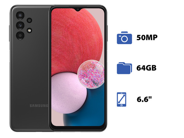 Smartphone Samsung Galaxy A13:
Procesador Octa Core (hasta 2.0 GHz),
Memoria RAM de 4GB, Almacenamiento de 64GB,
Pantalla LED Multi Touch de 6.6