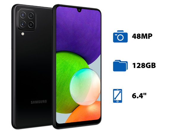 Smartphone Samsung Galaxy A22:
Procesador Octa-Core (hasta 2.0 GHz),
Memoria RAM de 4GB, Almacenamiento de 128GB,
Pantalla Super AMOLED de 6.4