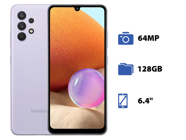 Smartphone Samsung Galaxy A32:
Procesador Mediatek Helio G80 Octa Core (hasta 2.0 GHz),
Memoria RAM de 4GB, Almacenamiento de 128GB,
Pantalla LED Multi Touch de 6.4